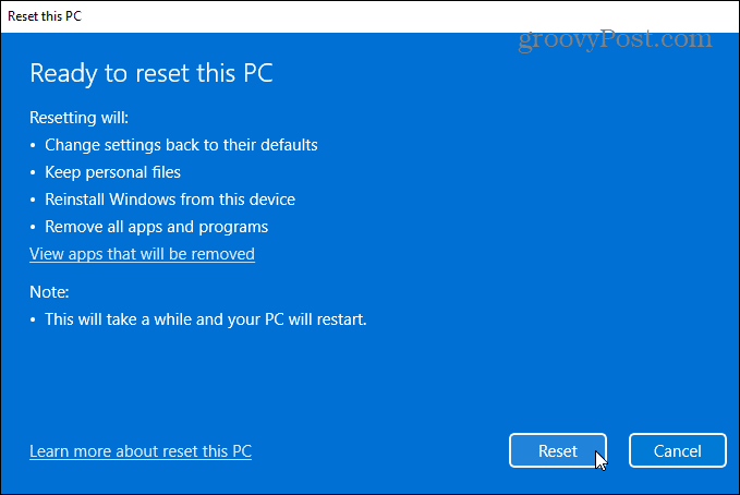 готов за нулиране на Windows 11 компютър