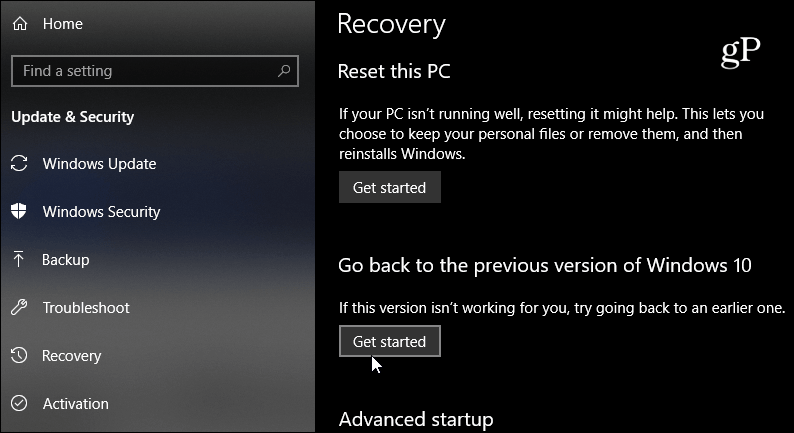 върнете се към предишната версия на Windows 10