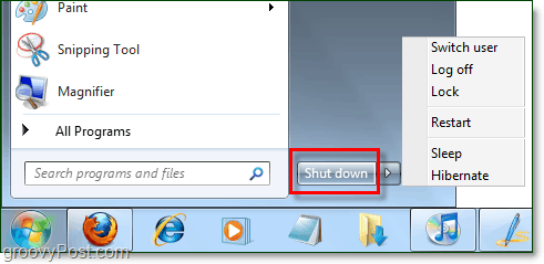 бутон за захранване на менюто за стартиране на Windows 7 със свойства по подразбиране като изключени
