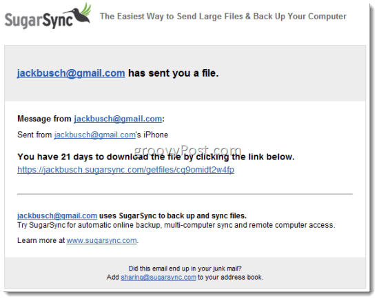 SugarSync Споделяне на файлове чрез имейл