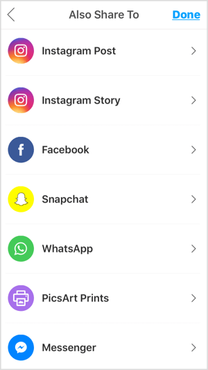 Мобилните приложения като PicsArt ви позволяват да споделяте снимката си в Instagram, Facebook и други платформи.