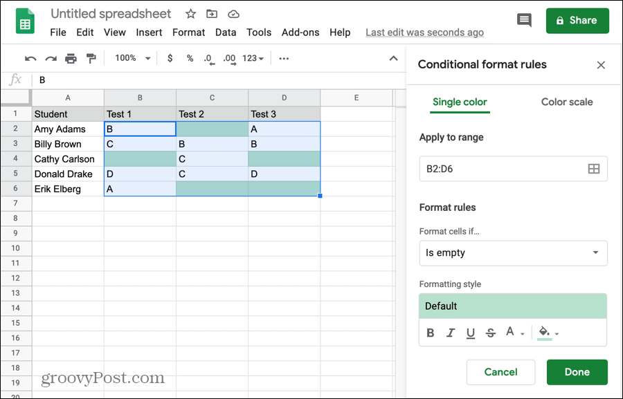 Условно форматиране за празни клетки в Google Sheets