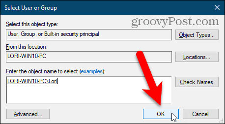Затворете диалоговия прозорец Избор на потребител или група в Регистъра на Windows