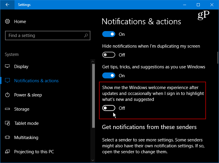 Скриване на досадния екран за поздрави на Windows 10 след актуализации
