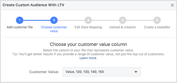 Изберете вашата колона за стойност на клиента в диалоговия прозорец Създаване на аудитория на клиента с LTV.