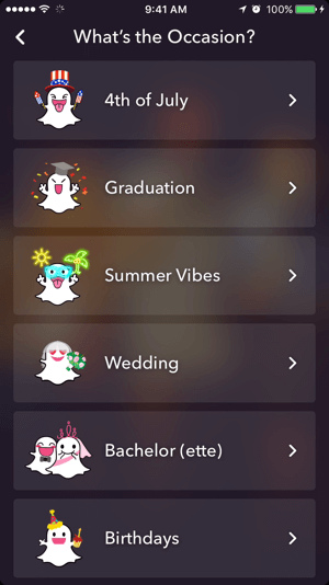 Изберете тема за вашия Snapchat геофилтър.