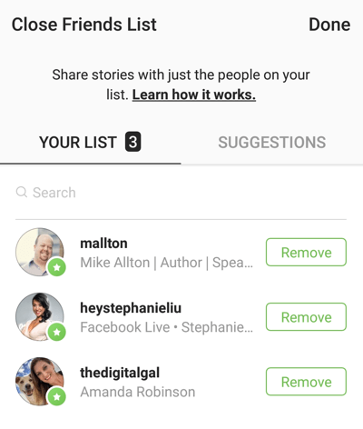 Възможност да кликнете върху Премахване, за да премахнете приятел от списъка си с близки приятели в Instagram.