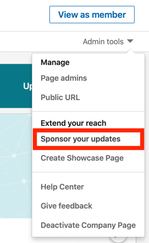Как да създадете текстова реклама в LinkedIn, стъпка 1, Спонсорирайте актуализациите си под Администраторски инструменти