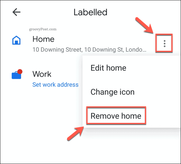 Премахване на запазен домашен адрес в Google Maps mobile