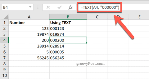 Използване на TEXT в Excel за добавяне на водещи нули
