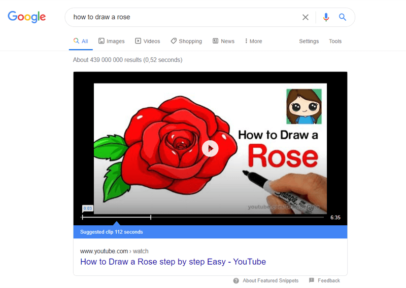 пример за най-добро видео в YouTube в резултатите от търсенето с Google за „как да нарисувам роза“