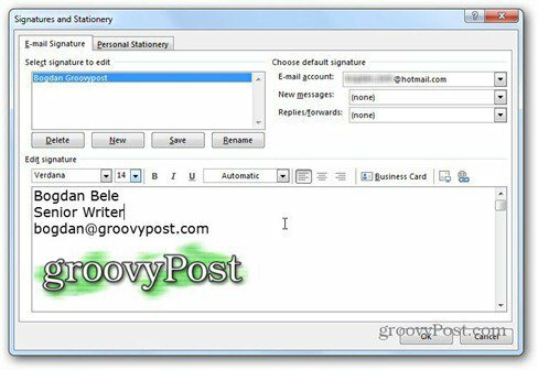 Outlook 2013 използва лого на groovypost за подпис