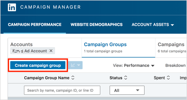 В раздела Групи кампании в LinkedIn Campaign Manager щракнете върху бутона Създаване на група кампании.