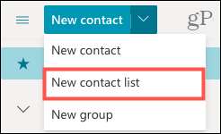 Изберете Нов списък с контакти