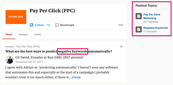 Пример за резултат от търсенето с Quora, включително термина за търсене „PPC“ и фразата „отрицателни ключови думи“.