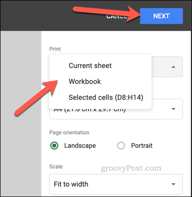 Изберете област за печат в Google Таблици