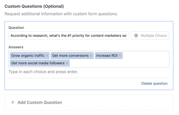 Примерни опции за въпроси и отговори на въпрос за водеща рекламна кампания във Facebook.