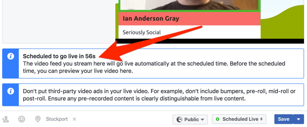 Facebook показва часовник за обратно броене, преди да започне излъчването ви на живо.