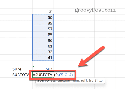формула за междинна сума в Excel
