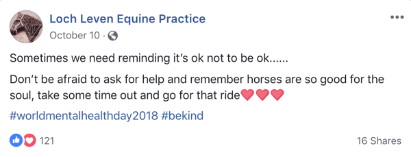 Пример за публикация във Facebook с емоджи от Lock Leven Equine Practice.