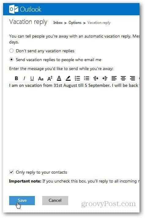 Съобщение за ваканция в Outlook 3