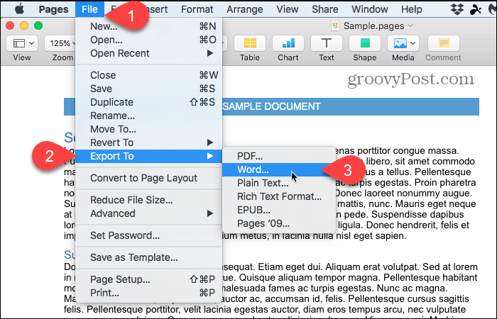 Файл> Експорт в> Word в страници на Mac