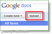 Снимка на Google Docs - бутон за качване