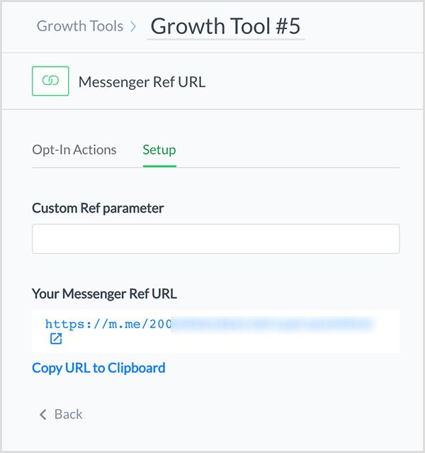 Моли Питман казва, че Инструментът за растеж на URL на ManyChat Messenger Ref ви дава връзка, която насочва някого към вашия чатбот на Messenger.