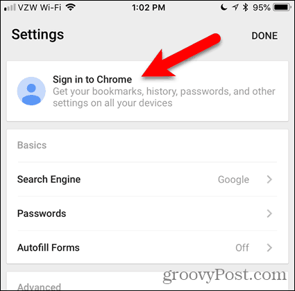 Докоснете Вход в Chrome на iOS