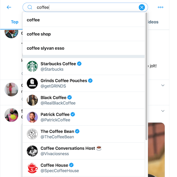 извадка от резултати от търсене от търсене на кафе в полето за търсене в Twitter