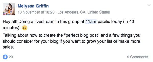 Предприемачът Мелиса Грифин уведомява аудиторията си кога ще бъде на живо във Facebook.