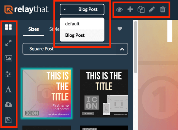 Използвайте лявото меню, за да видите различни оформления за вашия проект RelayThat и използвайте горното меню, за да изберете вашия проект.