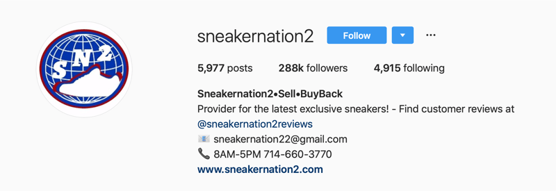 основен акаунт в Instagram за SneakerNation2