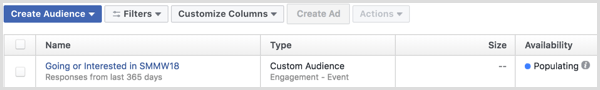 Facebook Ads Manager създава реклама с персонализирана аудитория