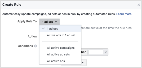 Facebook Ads Manager създава правило