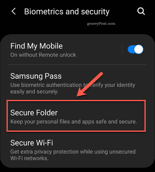 Опция от менюто Android Secure Folder