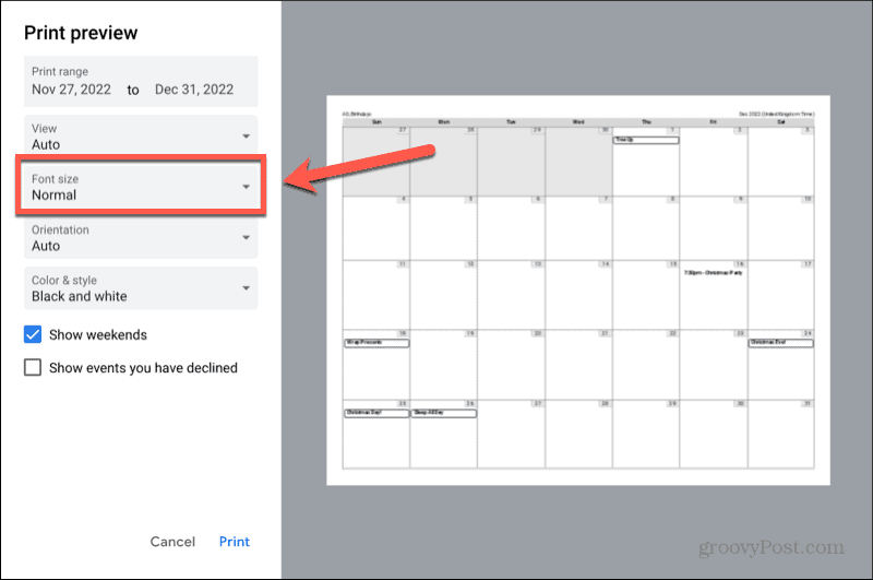 размер на шрифта на календара на google