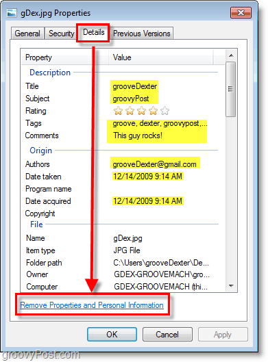прегледайте детайлите на файла в Windows 7 и щракнете върху премахване на свойства и лична информация