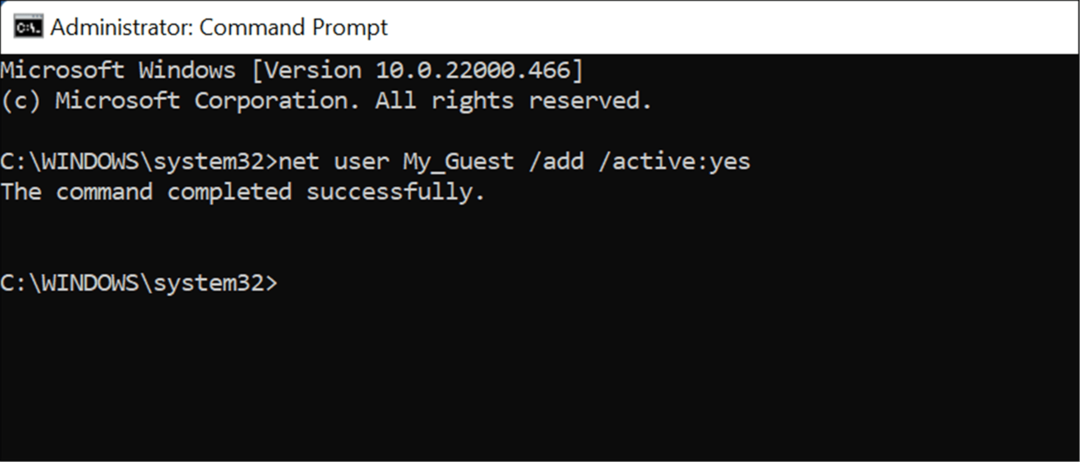 Създайте акаунт за гост в Windows 11 cmd