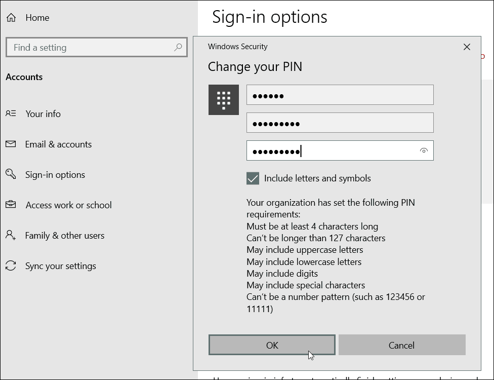 Специални изисквания за персонализиране на ПИН за Windows 10
