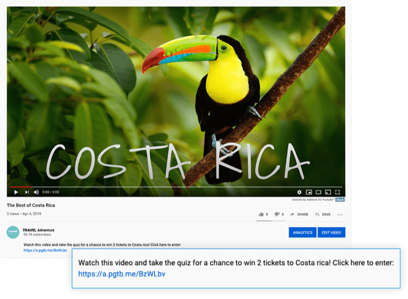 подчерта видео описание на YouTube с предложение за гледане на видеоклипа и участие в теста за шанс да спечелите 2 билета за Коста Рика