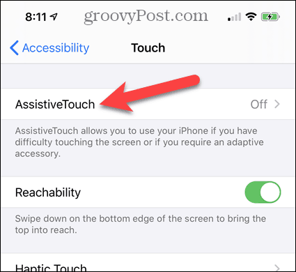 Докоснете AssistiveTouch в настройките за достъпност на iPhone