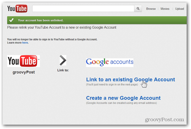 Свързване на акаунт в YouTube с нов акаунт в Google - Щракнете върху Връзка към съществуващ акаунт