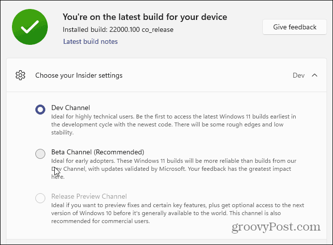 Изберете Dev или Beta Channel Windows 11