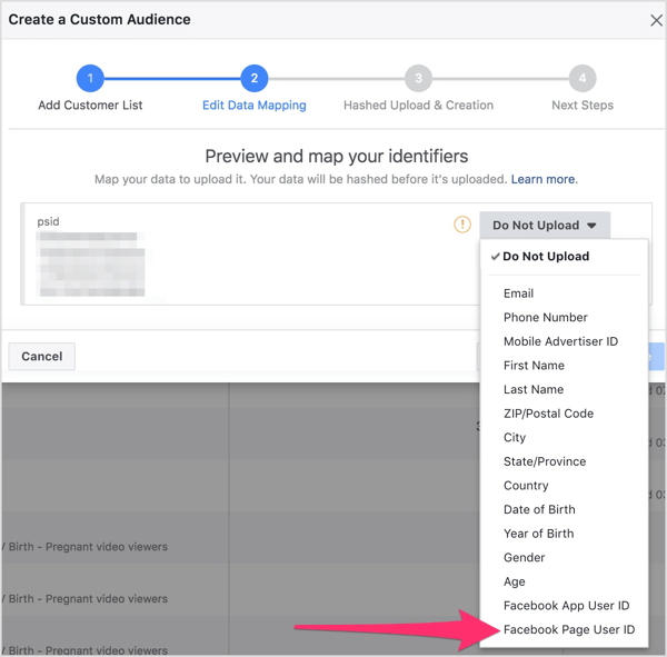От падащото меню изберете Facebook Page User ID.