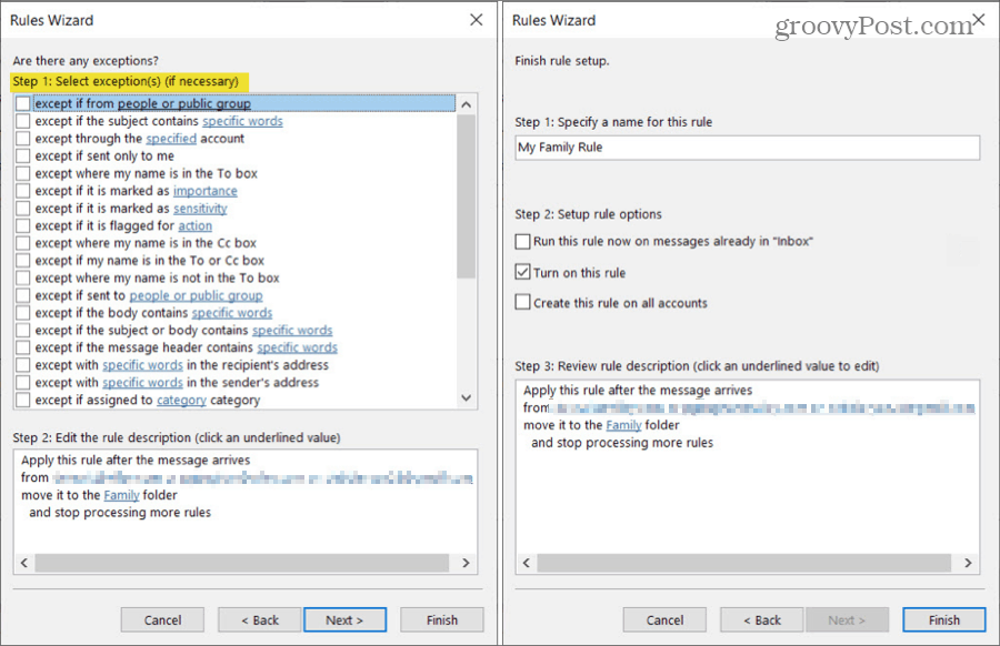 Преместване на имейли от хора Правило на Outlook с изключения