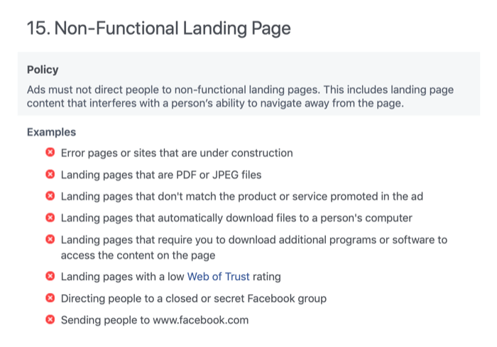 Раздел „Нефункционална целева страница“ на рекламните политики на Facebook