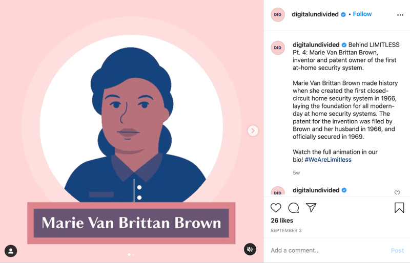пример за фрагмент mp4 публикация, споделена в instagram, подчертаваща marie van brittan brown като pt. 4 от поредицата # wearelimitless