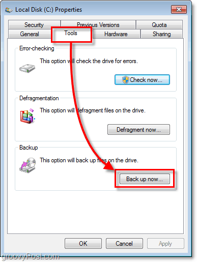 Резервно копие на Windows 7 - раздел Инструменти за свойствата и Бутон за архивиране сега