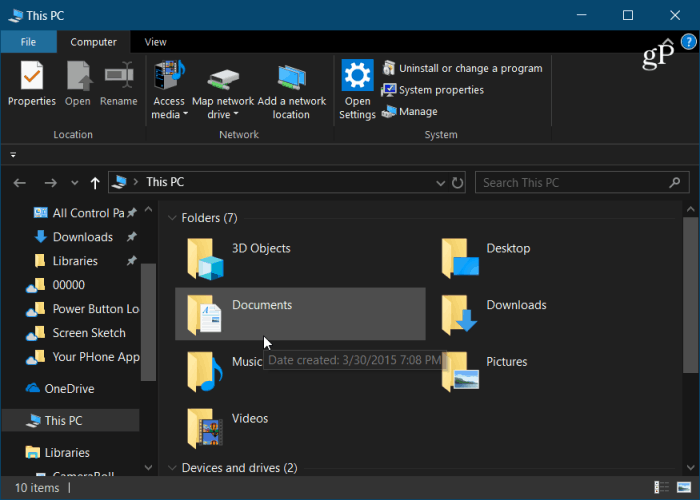 Тъмен режим на Windows 10 File Explorer